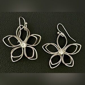 Y2K Silver Flower Drop Earrings Rhinestone Center McBling Costume 2000s